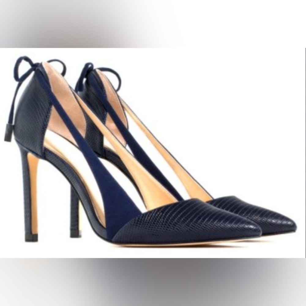 Zara Navy Blue Leather And Suede Cutout Stiletto Heels with Bow Accents Sz EU 37
